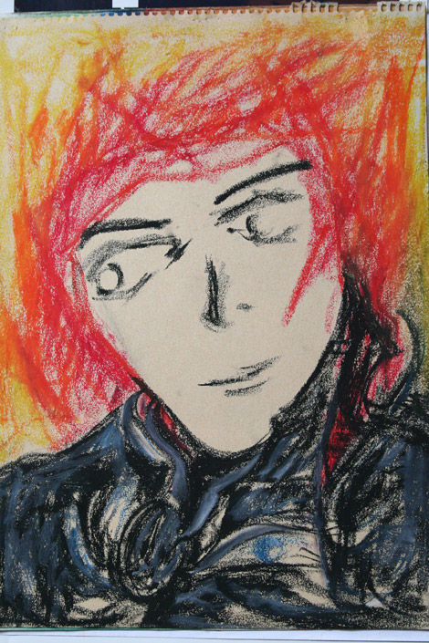 dessin au pastel représentant une femme au cheveux rouge et or