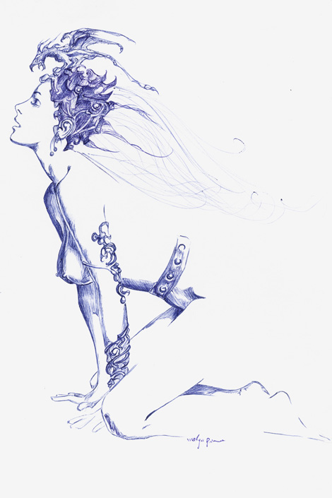 dessin au stylo bille d'une femme avec un casque dragon, reprise d'une oeuvre de Boris Vallejo.