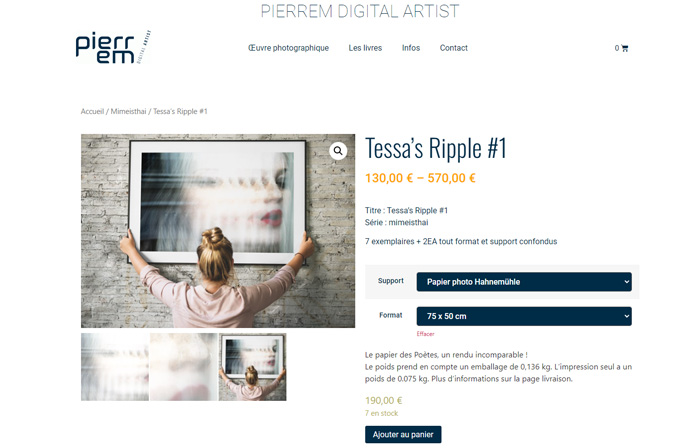 Copie d'écran du site avec page de vente d'une oeuvre