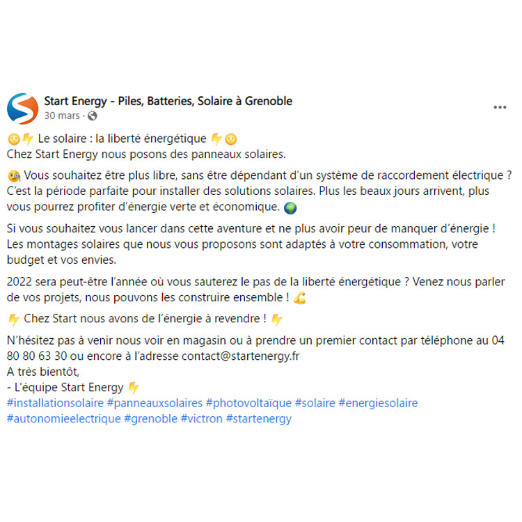 publications sur les réseaux sociaux de Start Energy